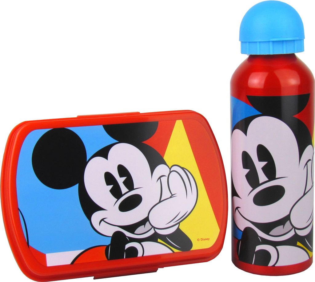 Kinder Frühstücks-Set - verschieden Motive - Kunststoff Brotdose 20 x 8 x 5,5cm inkl. Metall Trinkflasche 500ml - Mickey Mouse