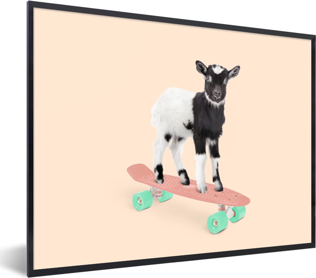 MuchoWow Gerahmtes Poster Ziege - Schwarz - Skateboard - Weiß - Tiere 80x60 cm - Poster mit Schwarzem Bilderrahmen Wandposter Rahmen Foto Bilder...