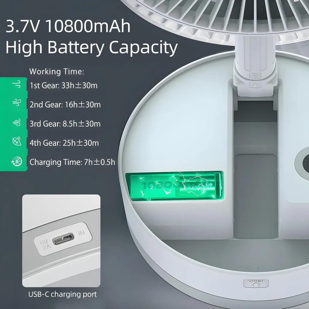 Ventilateur silencieux 4 vitesses avec batterie Type-C et veilleuse LED - 3