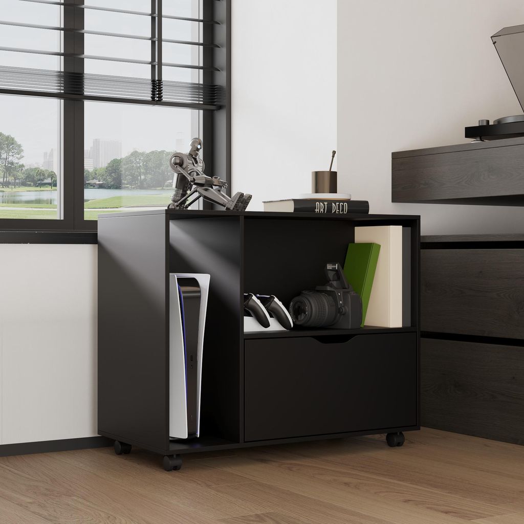 Aktenschrank, Aufbewahrungsmöbel für Gaming-Zubehör, zum Ordnen von Konsolen und Controllern, mit Rollen und Haken, Schwarz, MDF, 80 x 40 x 65 cm