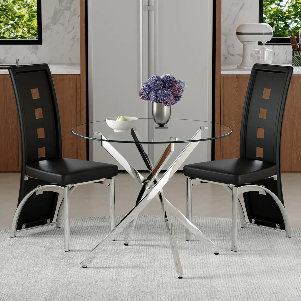 Ensemble table à manger 2 chaises noires design moderne en verre 88cm - 3