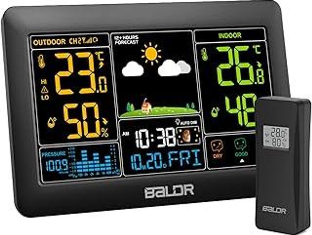 Wetterstation funk mit Außensensor DCF Funkuhr, Großes Farbdisplay mit Innen und Außentemperatur/-luftfeuchtigkeit, dimmbare Beleuchtung, Wetter...