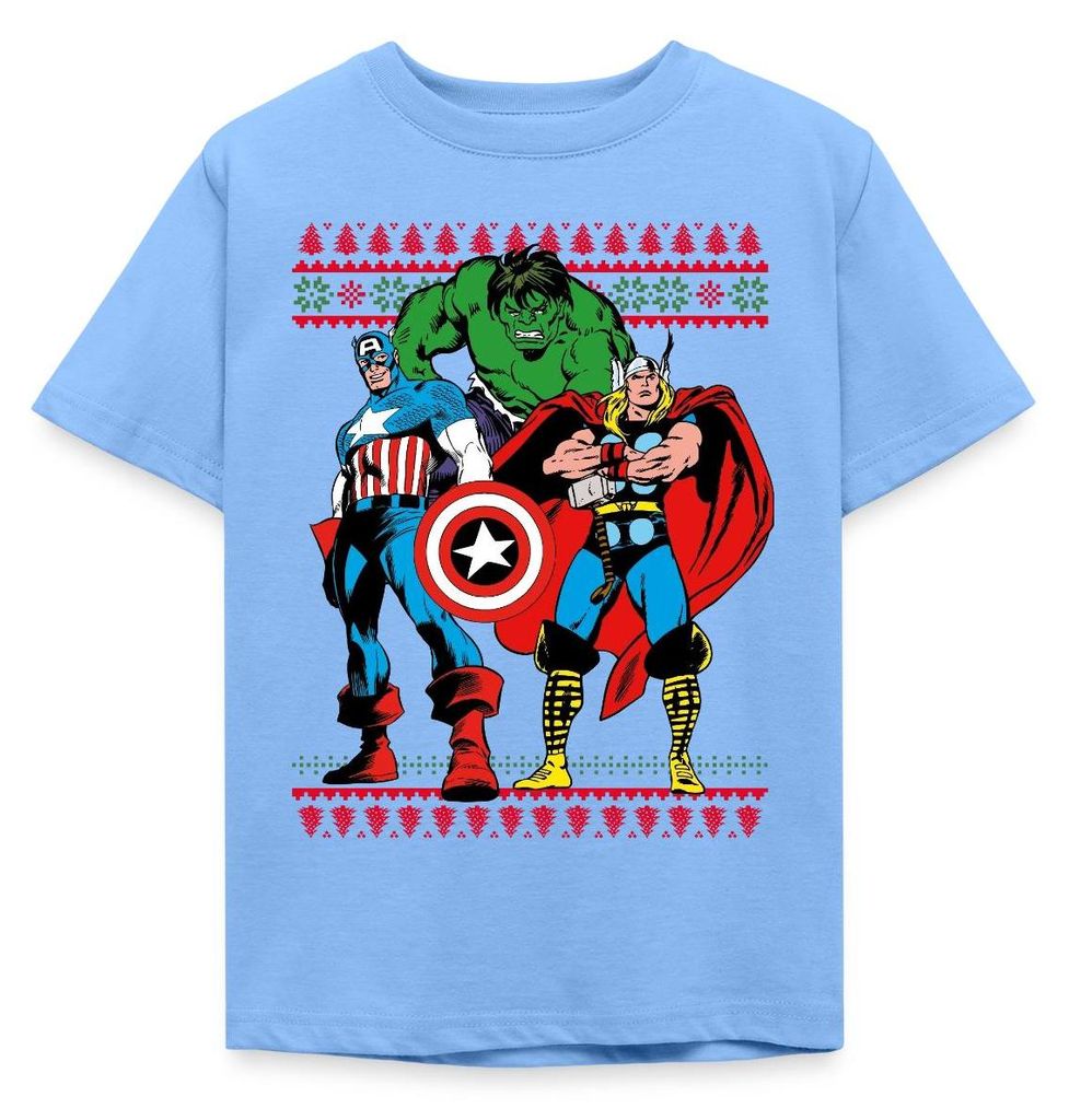 Spreadshirt Avengers Superhelden Weihnachtsmotiv Kinder T-Shirt, 98/104 (3-4 Jahre), Himmelblau