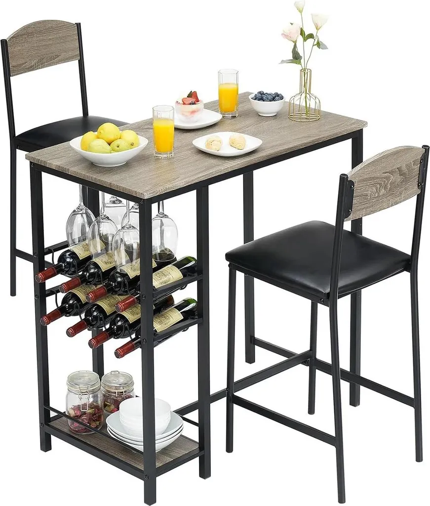 Ensemble Table de Bar Grise et 2 Tabourets Rembourrés avec Rangement
