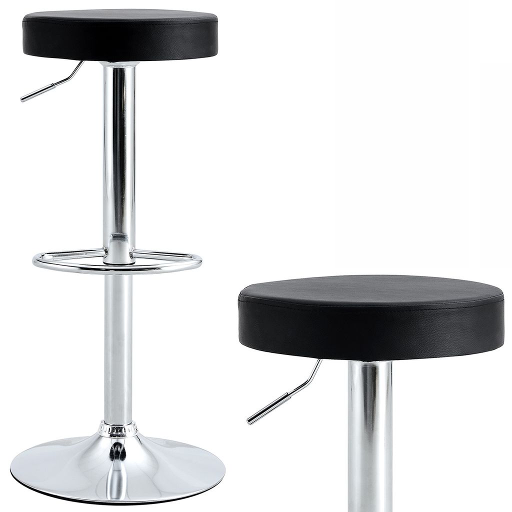 A studio shot of two black bar stools with chrome bases against a white background.