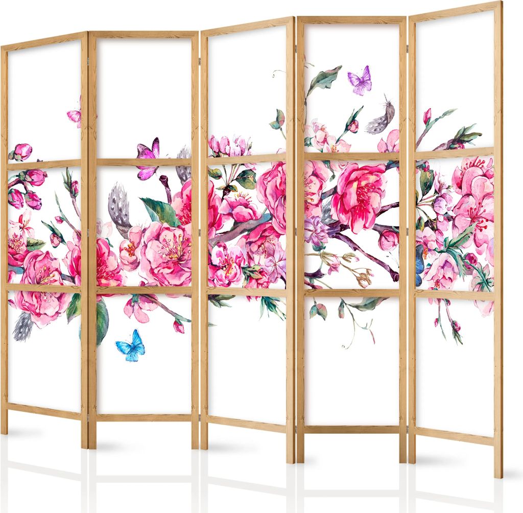 5-teiliger Einseitiger Vlies Japanischer Paravent - Style: Flowers and Butterflies II 225x172 cm Orient p-B-0003-z-c