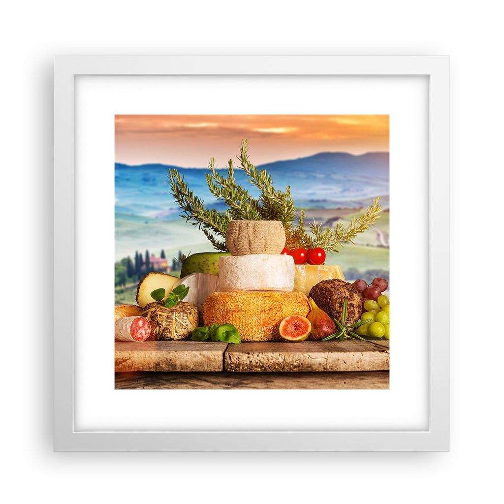 Gerahmtes Poster - Weißer Rahmen - Toskana Käse Obst Italien - 30x30 cm - Wand Bild - Wanddeko - Wandbilder - Kunstposter - Wandposter - Bilderra...