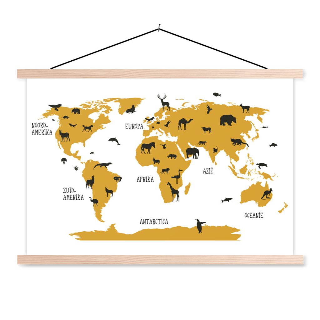 MuchoWow Textilposter Weltkarte - Kinder - Gold - Tiere - Kind 60x40 cm mit holzfarbenen Rahmen - Bilder
