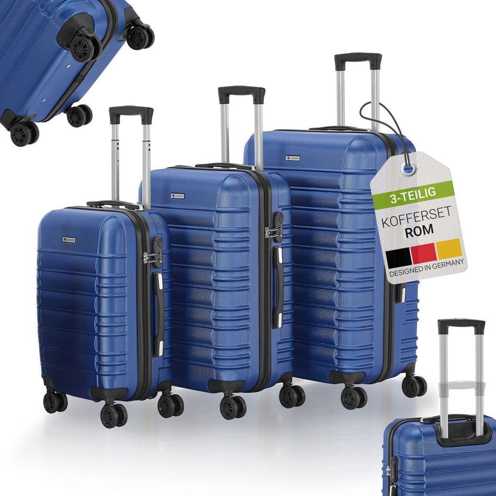 Juskys Hartschale Kofferset Reisekoffer 3 teilig - Zahlenschloss, geräuscharme 360° Rollen groß, Teleskopgriff, leicht - Koffer in Blau