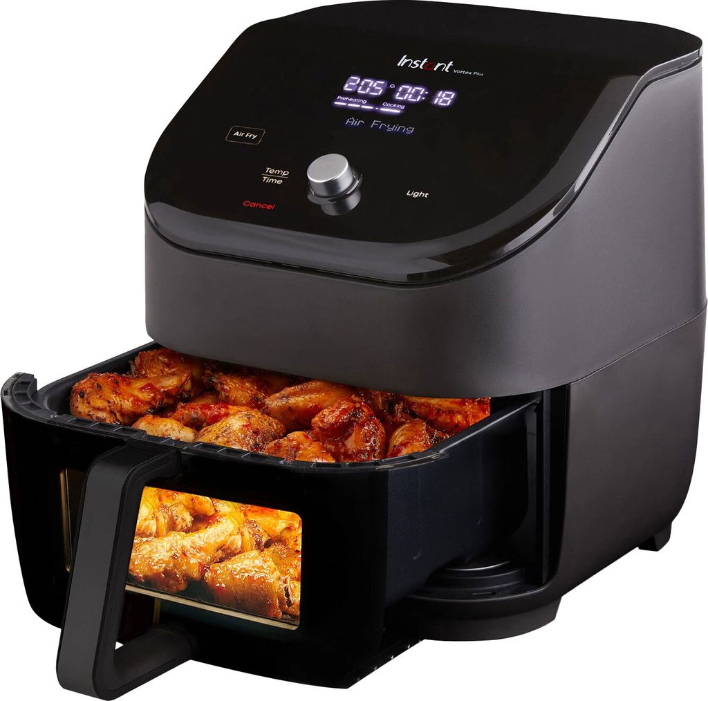 A black Instant Pot Vortex Plus Airfryer with chicken wings inside the basket, shown on a white background.