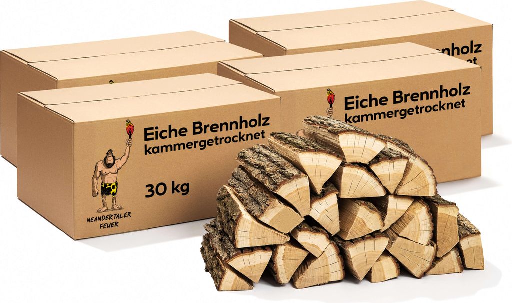 Neandertaler Feuer Brennholz Eichenholz Kaminholz - Grillholz 25 cm 120 kg | Hartholz Eichen Feuerholz | Holz für Grill Kamin Smoker Ofen | Firewood