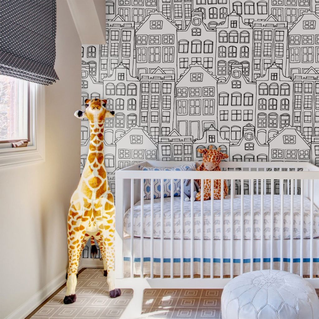 Coloray Fototapete 104x70 cm An Einer Wand Latex Latextapete - Doodle City Funky Gebäude Navy Zeichnung minimalistisch s