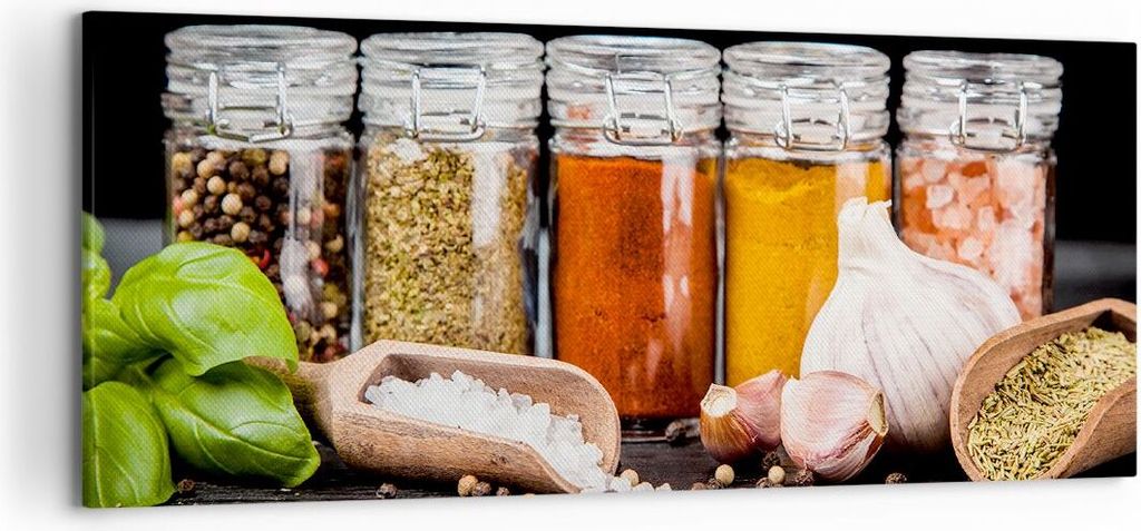 Bild auf Leinwand - Leinwandbild - Gewürze Knoblauch Holz Produktbild 