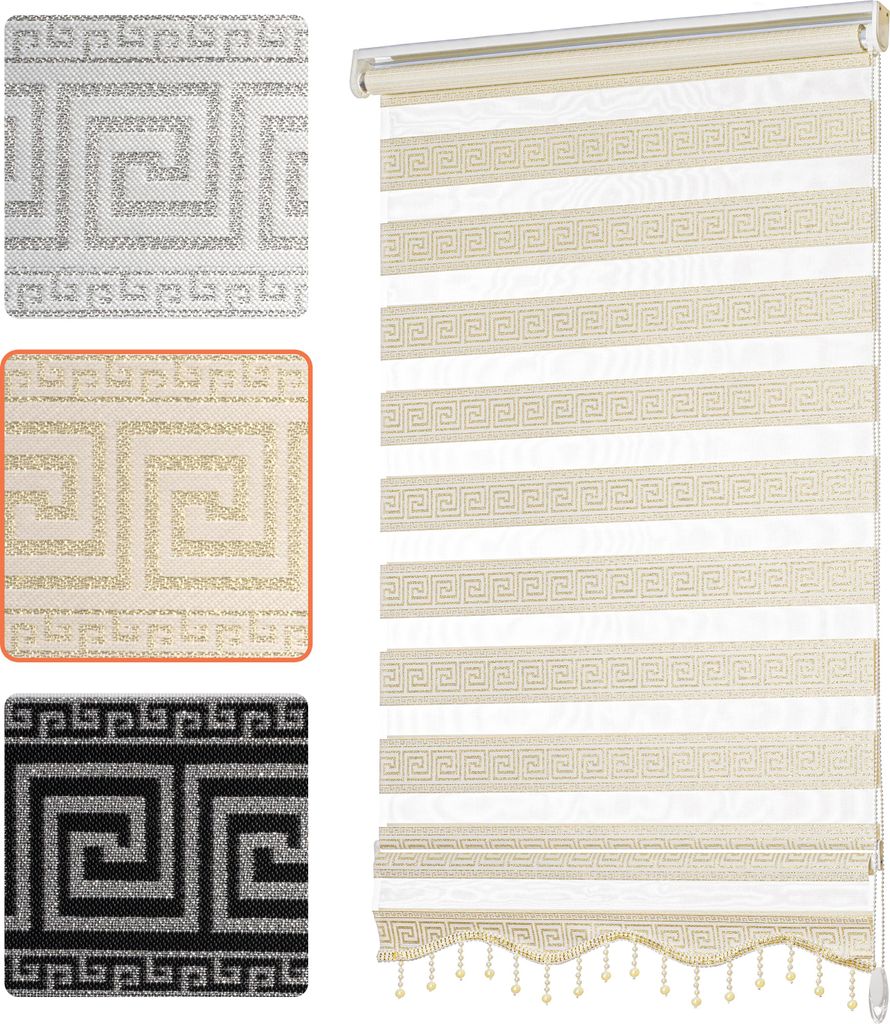 Doppelrollo Klemmfix Duo-Rollo ohne Bohren Mäander Design Ornamente Orientalisch Damask Griechisches Wellen-Muster Weiß Gold 50 x 200 cm (Stoffbr...