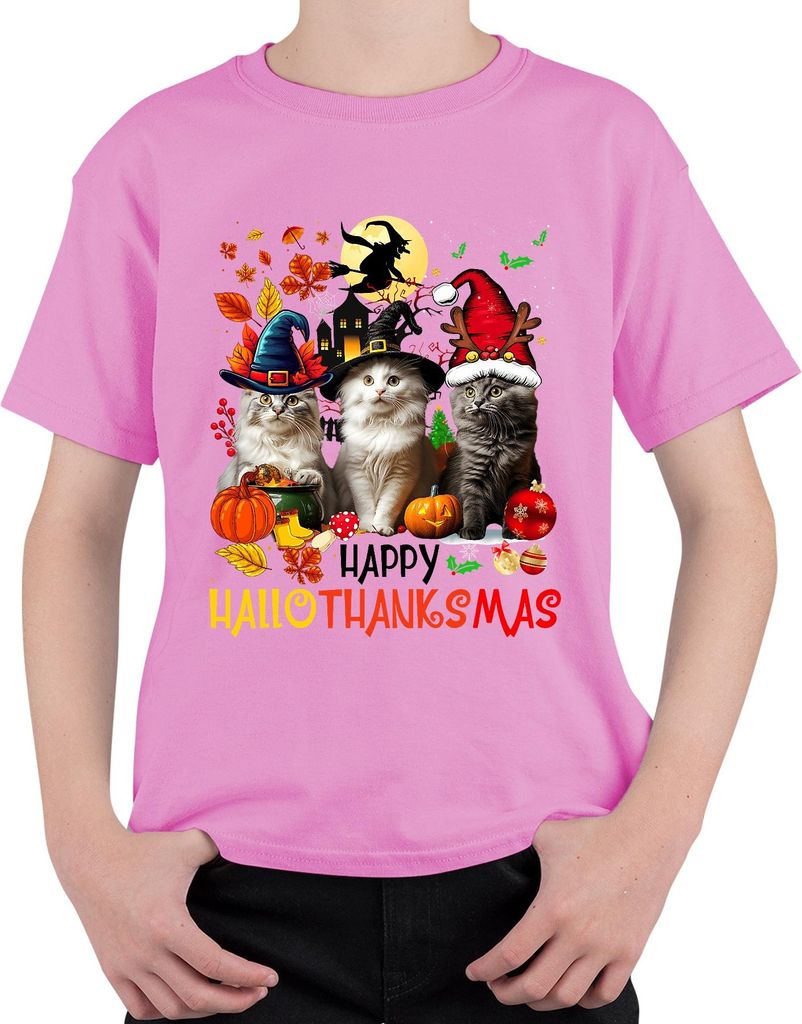 Happy Hallothanksmas Katzen Kürbis Hexenhut Weihnachten Geschenk Uni Kinder T-Shirt, Pink, 104