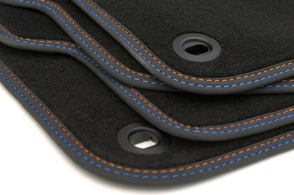 Tappetini adatti per VW Polo 9N / Cross / GTI (Premium) set di tappetini in velours con doppie cuciture arancio blu - 1