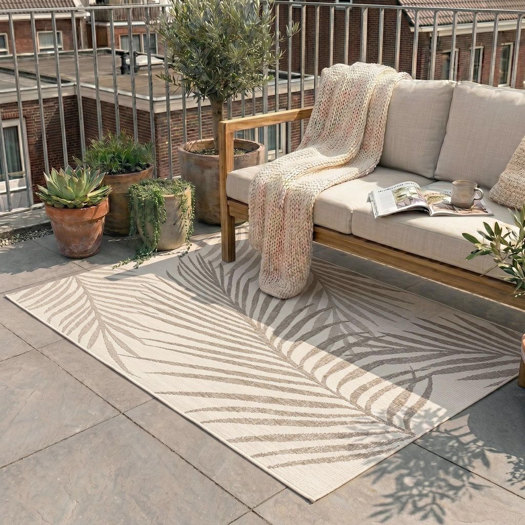 Volero - Outdoor Jute Teppich - Nomad Leaves Creme - 240x330 cm - Wohnzimmer, Esszimmer, Balkon, Garten, Terrasse - Boho, Ländlich, Skandinavisch