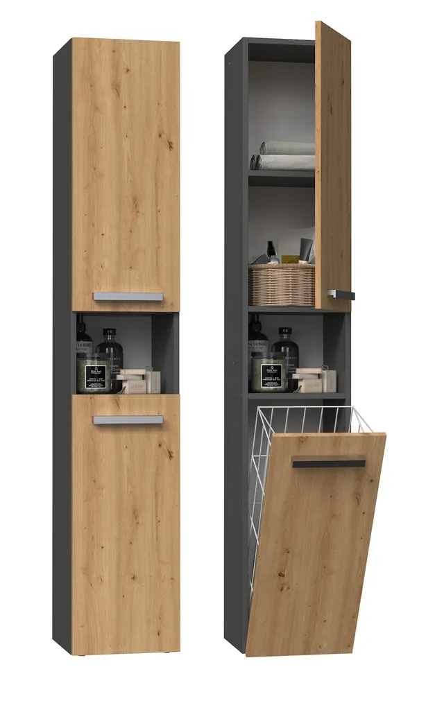Armadietto Bagno Stretto con Cestello ATSO Rovere Artisan e Antracite