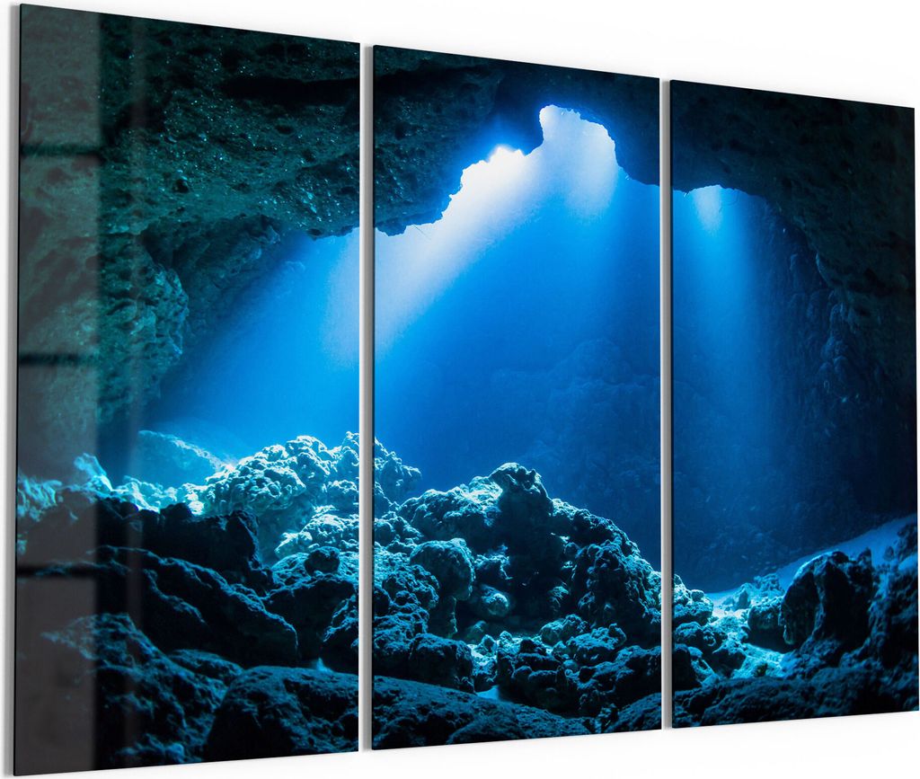 DEQORI Glasbilder Acryl 3x50x100 cm 'Felsige Unterwasserhöhle' Wandbilder XXL groß