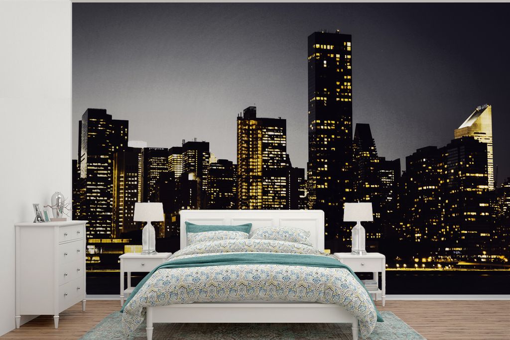 MuchoWow Fototapete für Wohnzimmer oder Schlafzimmer Wandtapete Vinyl Motivtapete New York - Beleuchtung - Lampe - 360x240 cm - Vinyl-Tapete