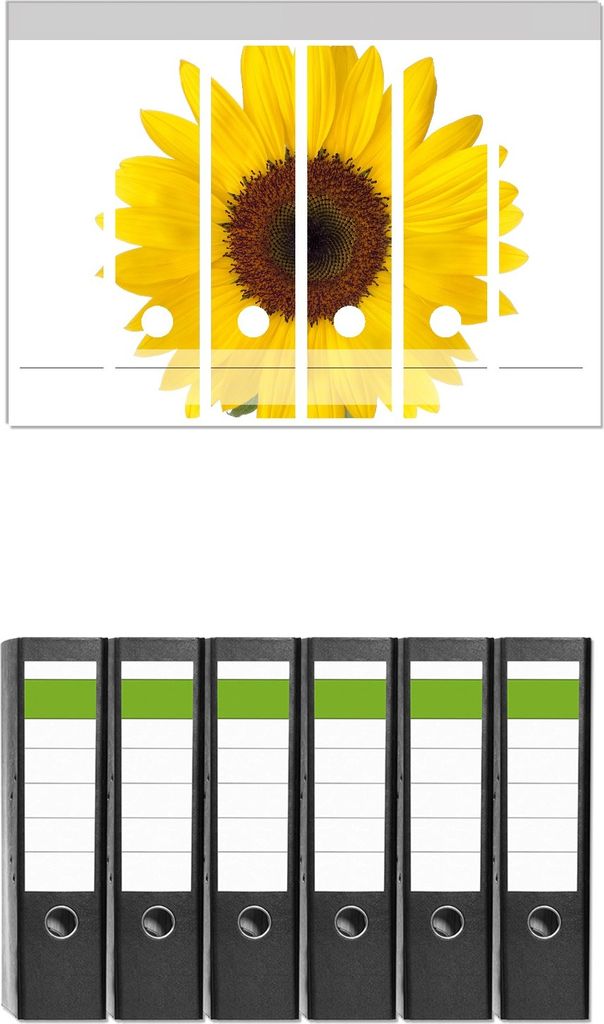 Wallario 6 Stück breite Ordner inkl. Klebeetiketten mit Motive Sonnenblume - Set mit Rückenschildern / Ordnerrücken Stickern