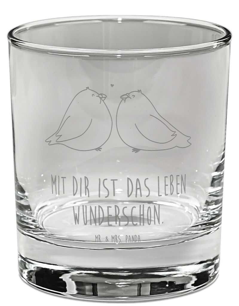 Mr. & Mrs. Panda Tumbler Turteltauben Liebe - Transparent - Geschenk, Whiskyglas, Freundin, Glas, Tauben, Hochzeit, Old Fashioned, Scotch, Whisky