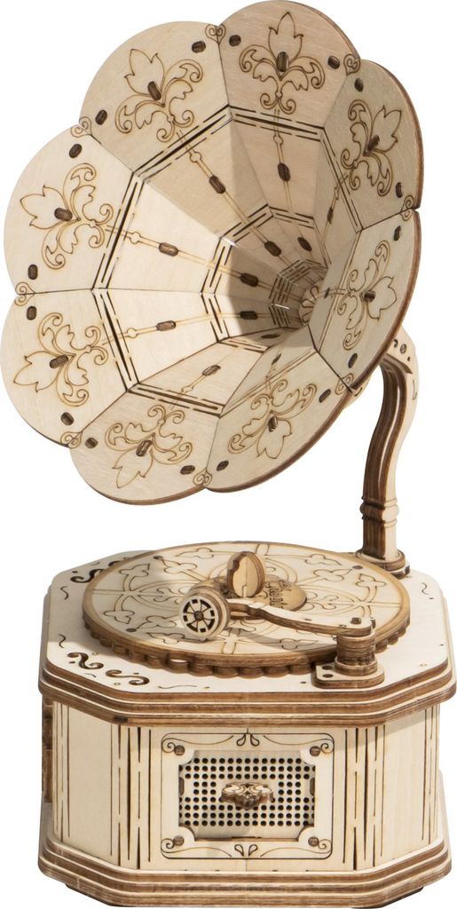 A 3D wooden model of a gramophone.