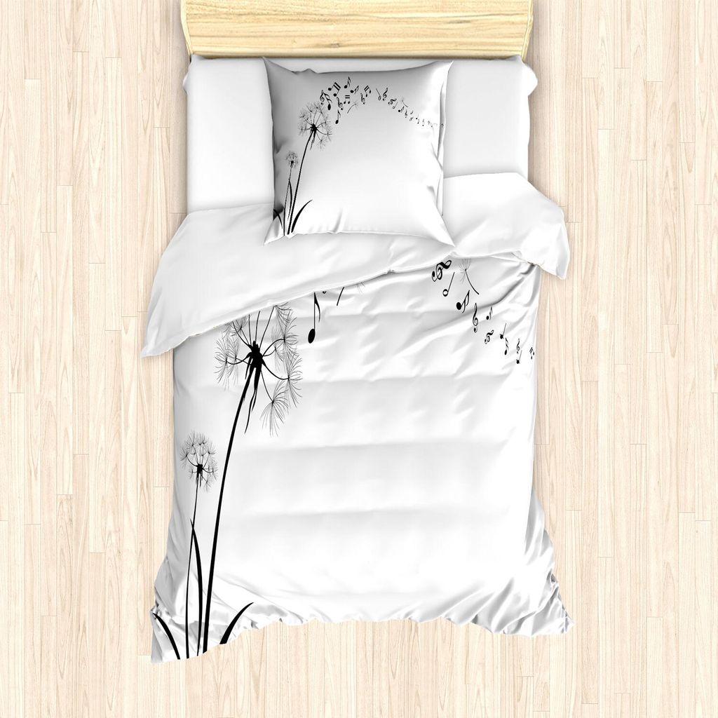ABAKUHAUS Musik Bettbezug Set, Fliegende Löwenzahnnoten Musik Sommer Frühling Wiese Silhouette Weichheit Einfach, 135 x 200 cm + 80 x 80 cm, Wei...