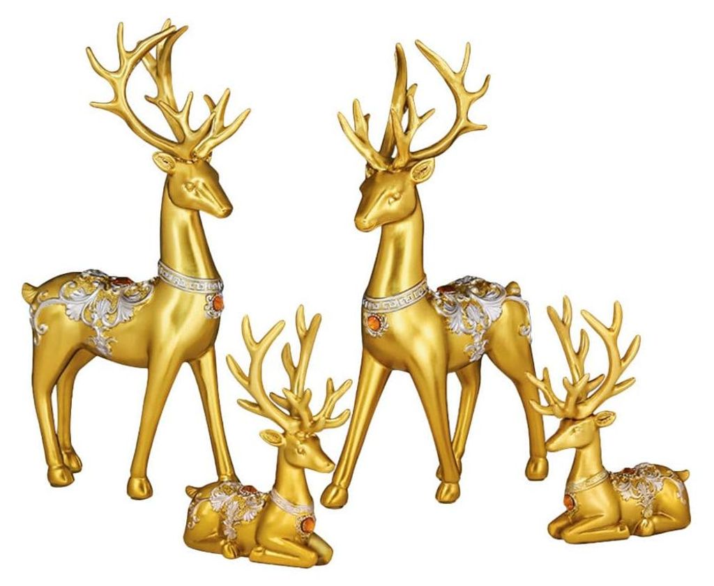 Skulptur Rentier Figur Set 4 Stück Dekoration Weihnachten aus Harz Gold