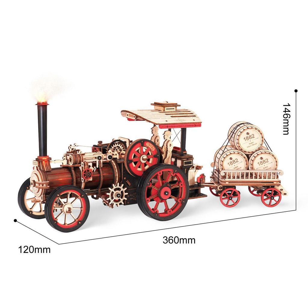 A wooden model of a steam engine with a trailer carrying barrels, shown on a white background with dimensions indicated.