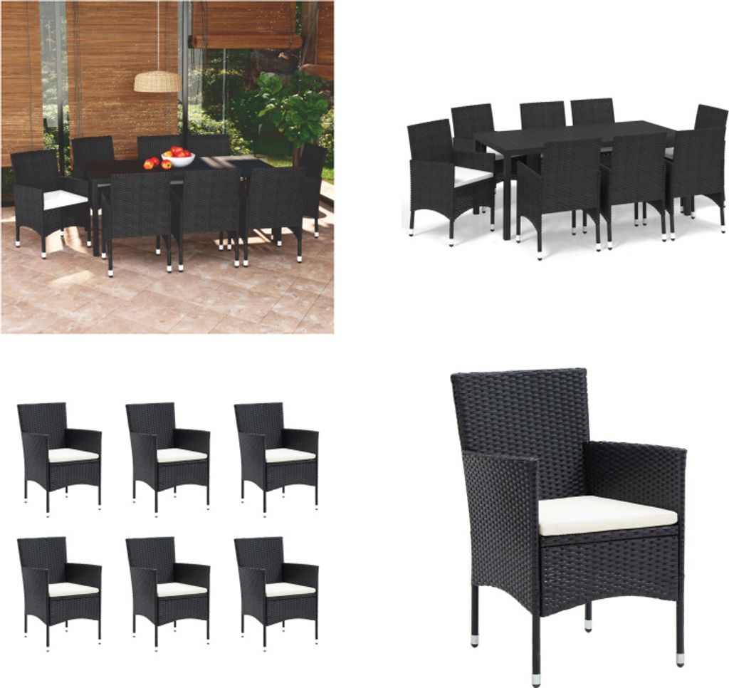 vidaXL 9 tlg. Garten Essgruppe mit Kissen Poly Rattan Schwarz - Essgruppe - Essgruppen - Garten-Essgruppe - Garten-Essgruppen