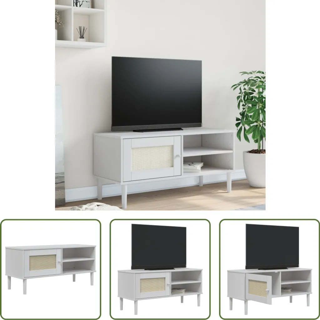 Mobile TV SENJA Bianco Effetto Rattan 106x40x49 cm | Legno Pino Massiccio