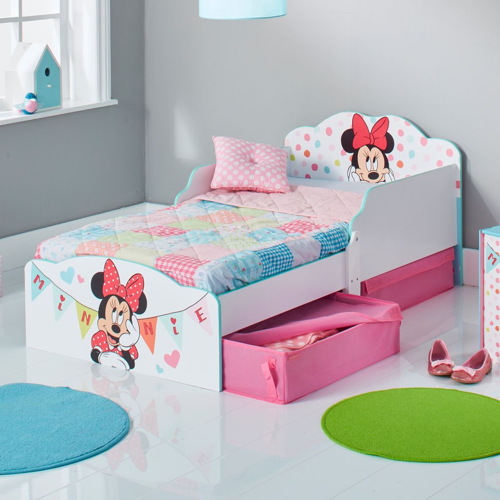 Kinderbett mit Schubladen Disney Minnie 140x70cm Jugendbett Juniorbett Holz weiß 