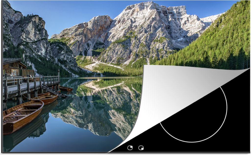 KitchenYeah Herdabdeckplatte Spiegelung der Berge im Pragser Wildsee in Italien , 81x52cm, Küche Deko, Glaskeramikfeld Herdabdeckung, Abdeckplat...