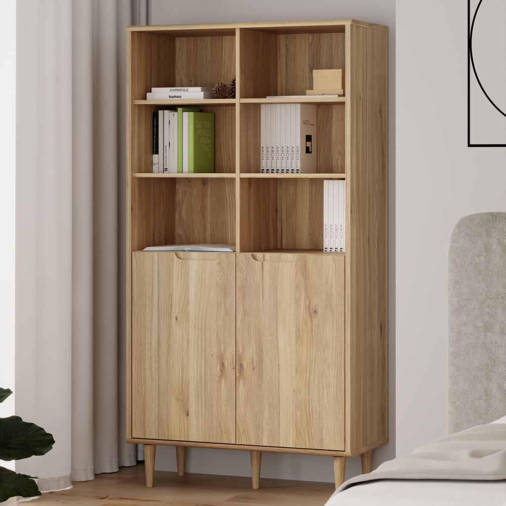 Forte SHERBROOKE Regalschrank 100, Skandi-Stil, leichte Montage dank EasyKlix by Forte, 2-türig, hohe Füße, Holzwerkstoff, Mauvella Eiche Holzde...