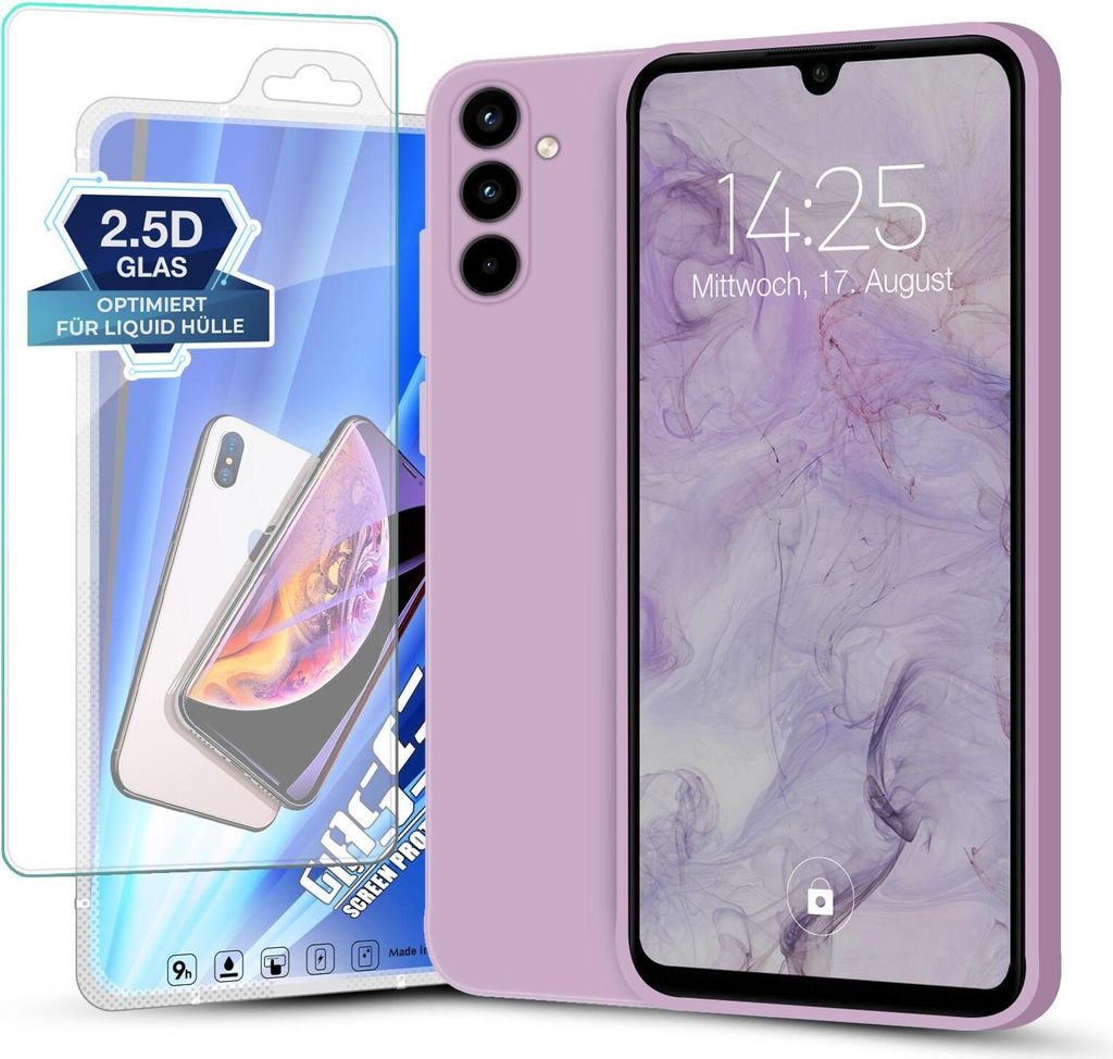 Hülle für Samsung Galaxy A35 5G mit 9H Displayglas Displayschutz Plus Case Cover Bumper Silikon Softgrip Schutzhülle Farbe: Lila