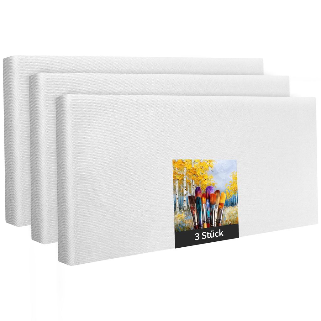 Keilrahmen - 3 Stück - 70 x 120 cm - weiße Künstlerleinwand aus Polyester - zum Bemalen - fertig bespannt - geeignet für Acrylfarben oder Texti...