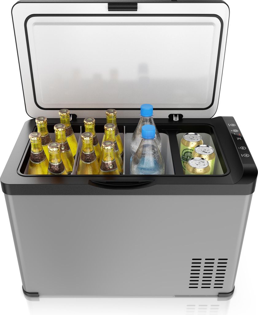 Brandson Kompressor Kühlbox elektrisch, ECO Modus, bis – 22°C, für Auto & Haus, 30 l, 12–24 V Auto/ 230 V, LED-Display, Gemüsefach, Tragegr...