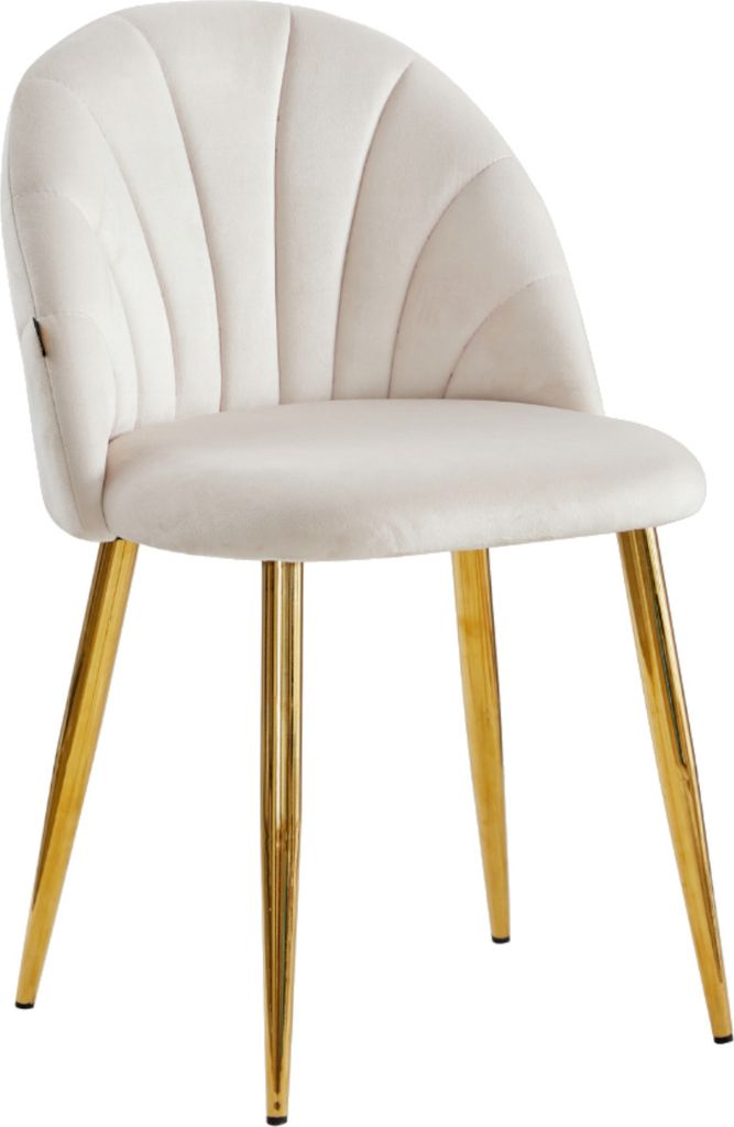 A single beige dining chair with gold legs against a white background.