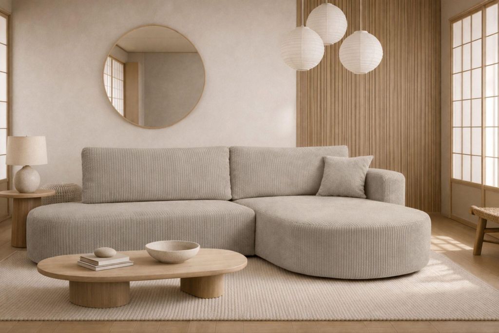 Kaiser Möbel Ecksofa mit Schlaffunktion und Bettkasten, Cordstoff Poso, Dunkelbeige, Rechts, ROUND ONE OPEN XL