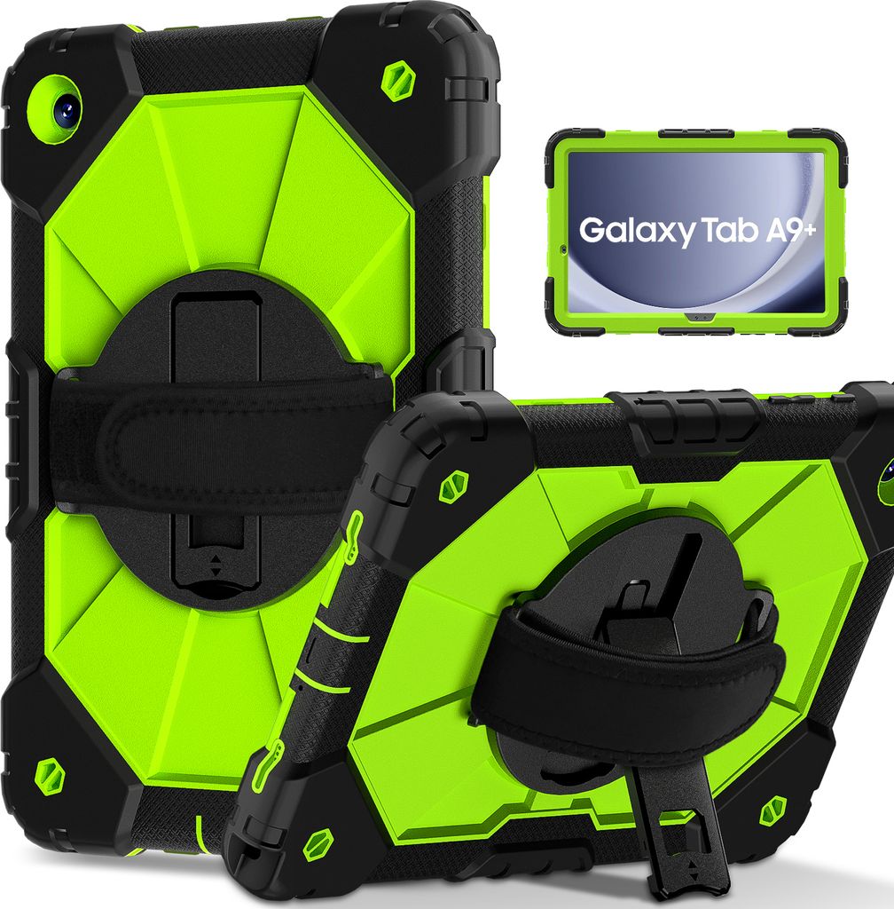 Hülle für Samsung Galaxy Tab A9 Plus /Tab A9+ 11" 2023 Tablette Schutzhülle Stoßfeste mit 360 Drehbarer Handschlaufe/Ständer Schwarz Grün