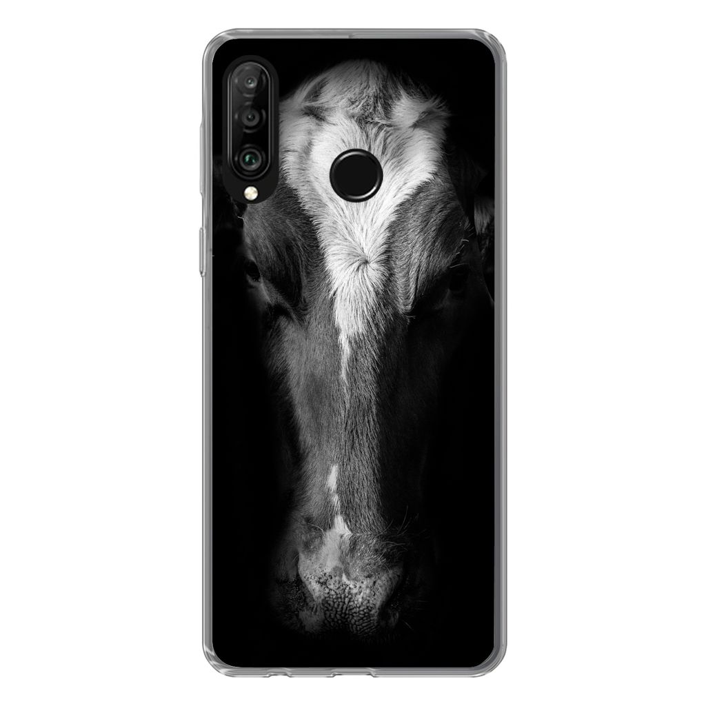 MuchoWow Handyhülle Schutzhülle Hülle für Huawei P30 Lite Kuh Porträt auf schwarzem Hintergrund in schwarz und weiß Silikon Softcase Handy ...