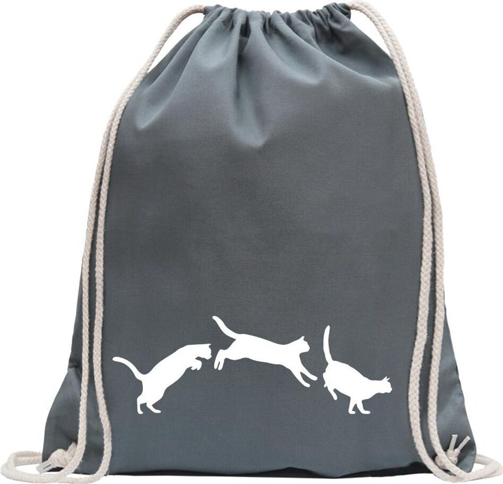 Kiwistar - Turnbeutel - stahlgrau - springende Katzen - Love - Fun Rucksack Sport Beutel Gymsack Baumwolle mit Ziehgurt