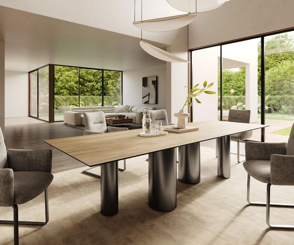 DELIFE Esstisch Edge 300x100 Keramik Laminam Sabbia Eichefarbig Pilier Edelstahl Graphit