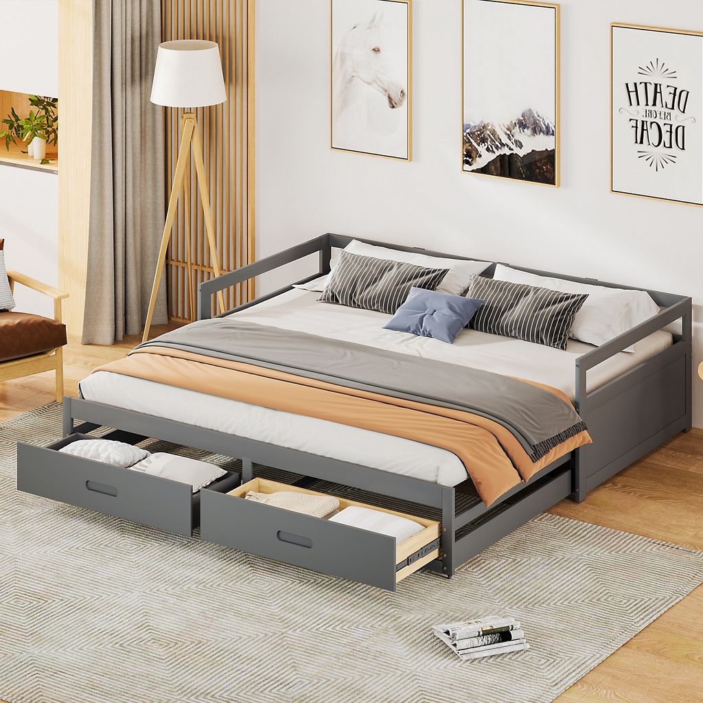STILVORA Schlafsofa 90/180x190 Tagesbett mit Lattenrost und 2 Schubladen, usziehbett Erweiterbares Jugendbett mit Stauraum, Grau(Ohne Matratze)
