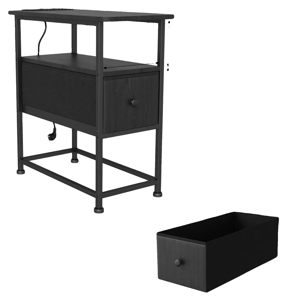 Table d'appoint noire 30x60x62 cm avec ports de recharge USB intégrés
