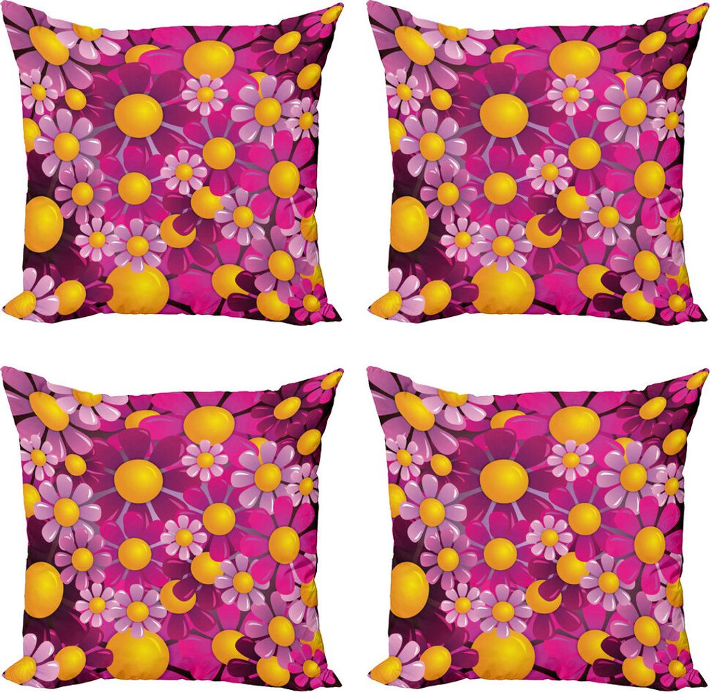 ABAKUHAUS Abstrakt Kissenbezug Set (4 Stück), Blühen Blumen Cartoon, Moderner Doppelseitiger Digitaldruck, 60 cm x 60 cm, Hot Pink Lila Orange