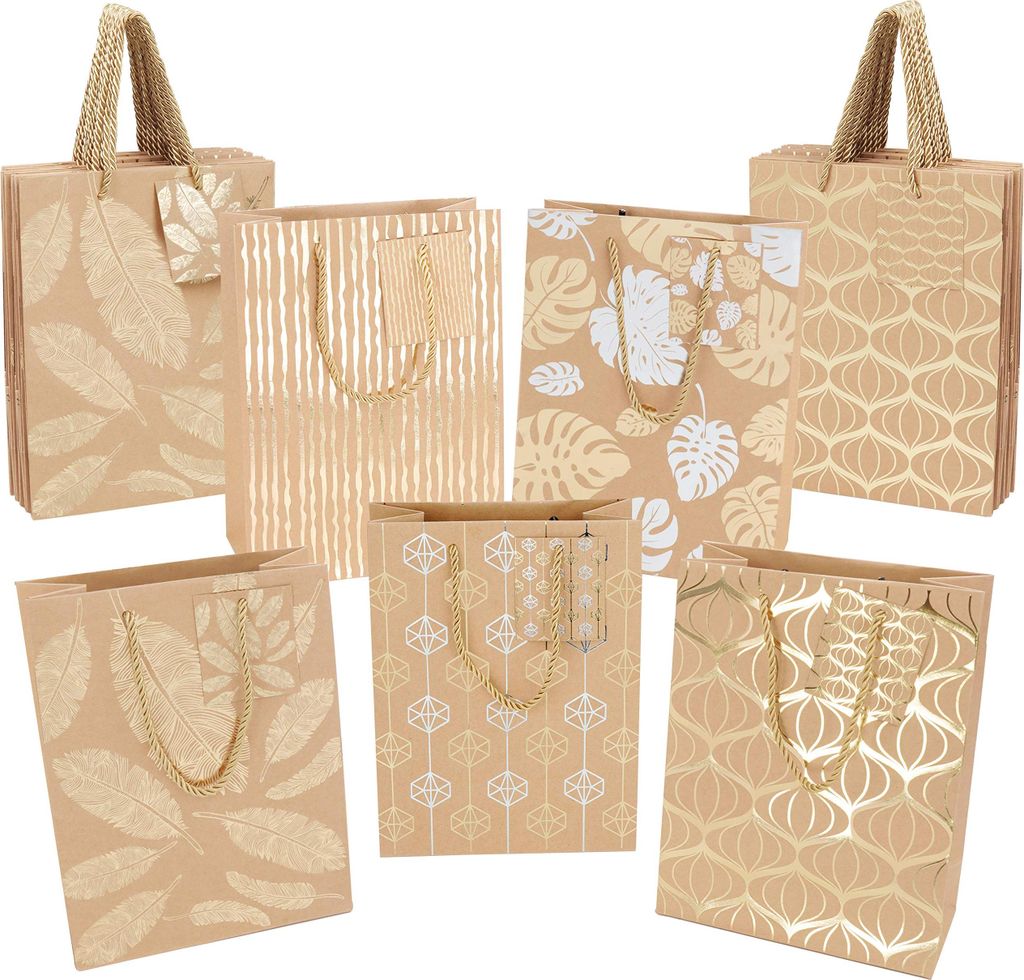 Belle Vous Braune Geschenktüten Papier mit Gold & Silber Metallic Design, Golden gedrehte Henkel & Etiketten (15 Pack) Kraftpapier Geschenktüten ...