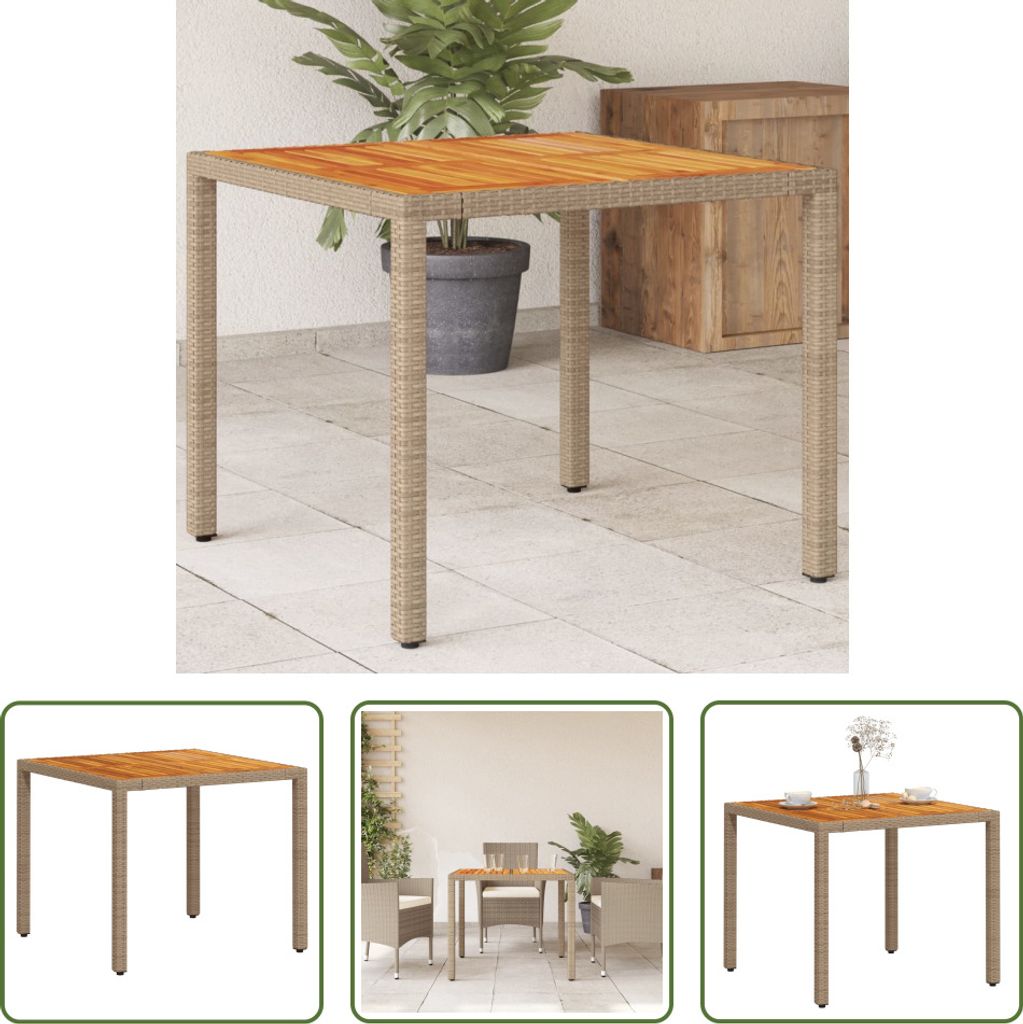 The Living Store Gartentisch Beige 90x90x75 cm Poly Rattan Akazienholz