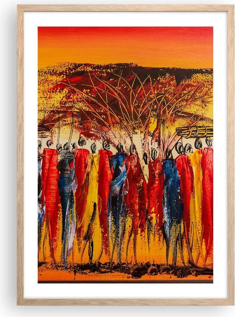 Gerahmtes Poster - Rahmen in heller Eiche - Afrika Stamm - 50x70 cm - Wand Bild - Wanddeko - Wandbilder - Kunstposter - Wandposter - Bilderrahmen -...